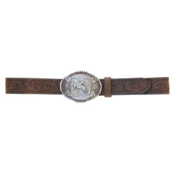 AndWest Men's Tooled Leather Belt With Bronc Rider Buckle