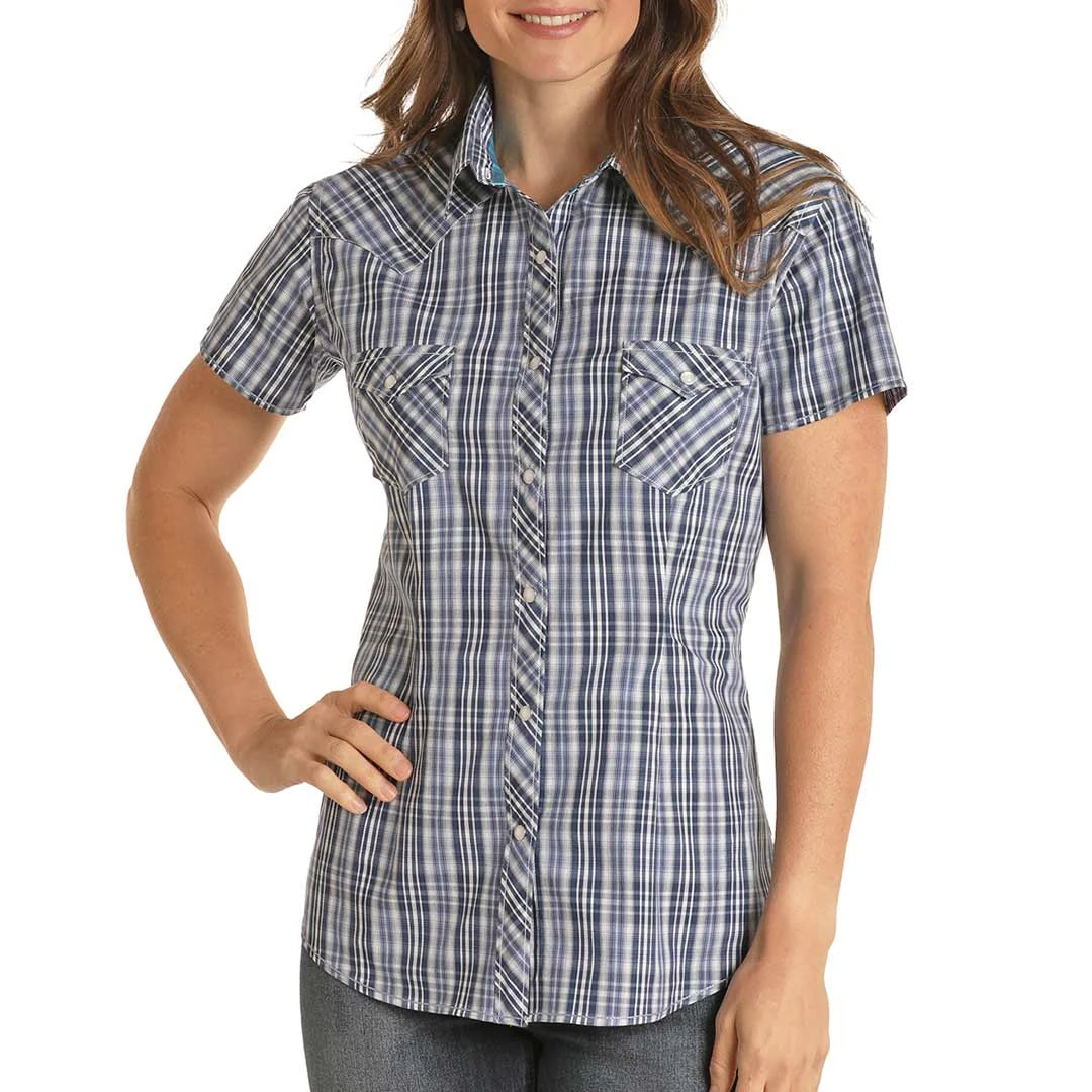 Rough Stock Women's Short Sleeve Plaid Print Snap Shirt