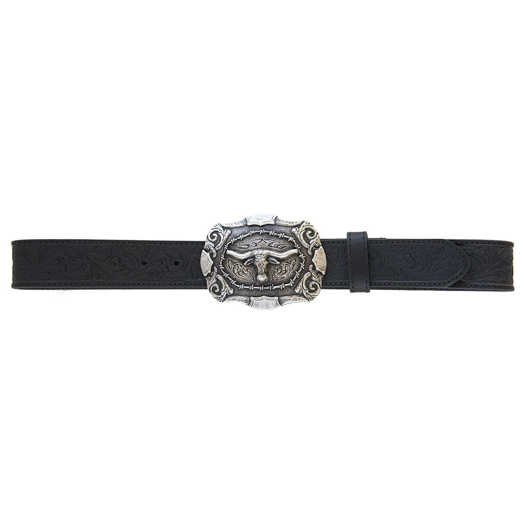 AndWest Men's Tooled Leather Belt With Longhorn Buckle