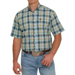 Cinch Men's Short Sleeve Ombre Plaid Button-Down Shirt