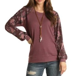 Panhandle Women's Paisley Sleeve Waffle Knit Shirt