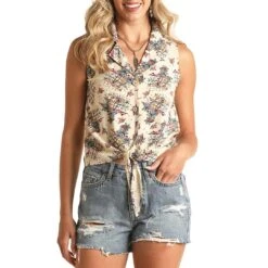 Rock & Roll Cowgirl Women's Palm Print Sleeveless Button-Down Shirt