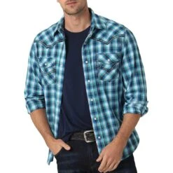 Wrangler Men's Rock 47 Embroidered Yoke Plaid Snap Shirt