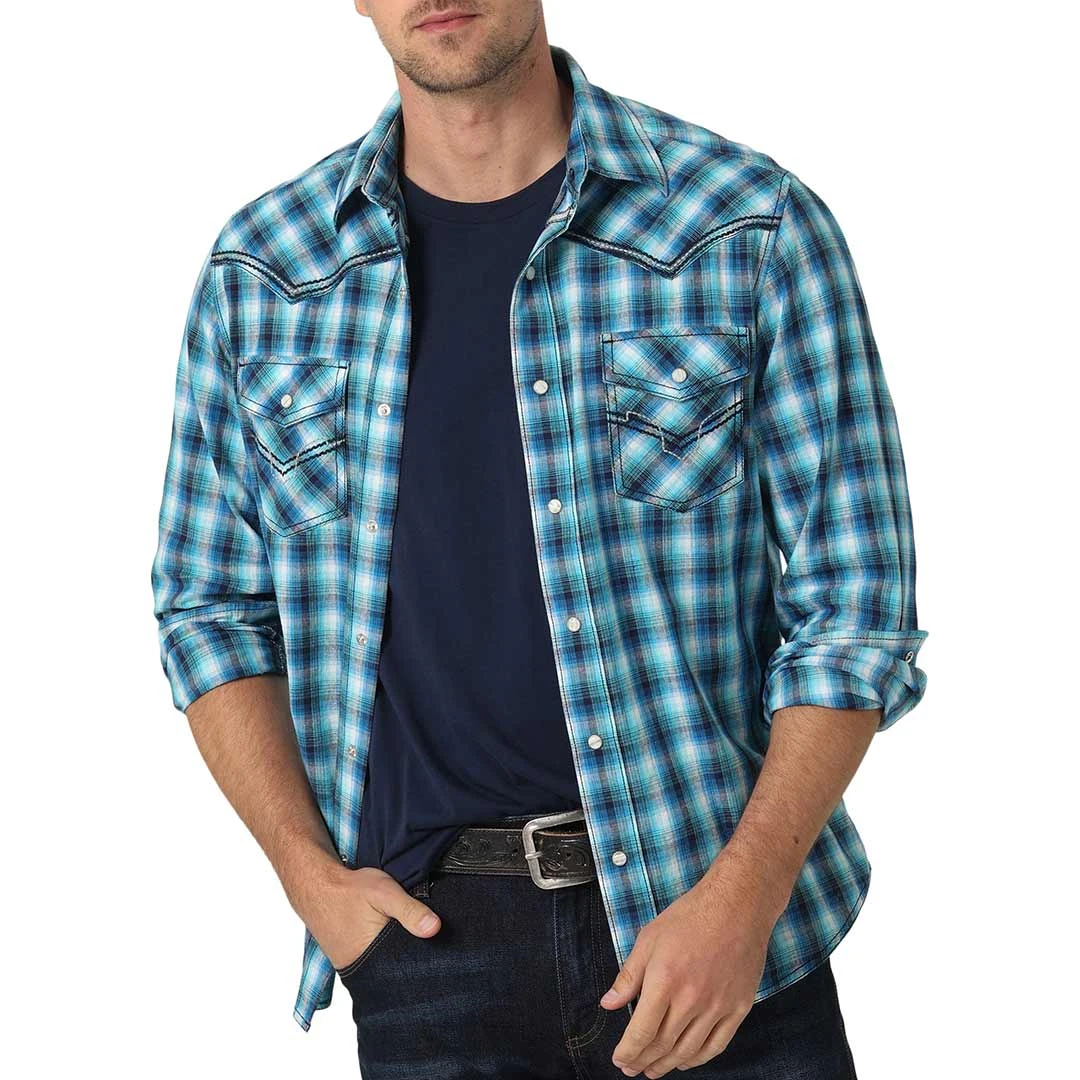 Wrangler Men's Rock 47 Embroidered Yoke Plaid Snap Shirt