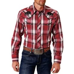 Roper Men's Bison Embroidered Plaid Snap Shirt