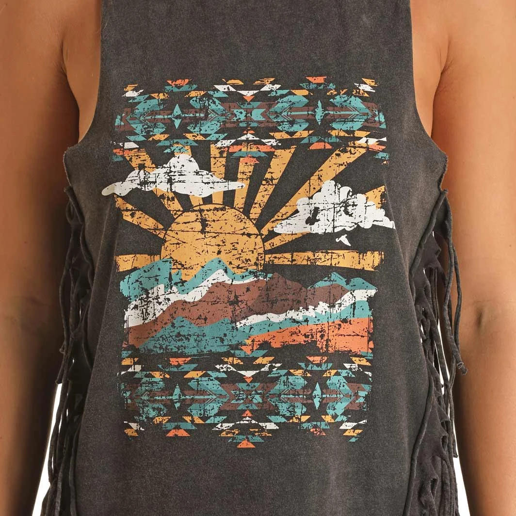 Rock & Roll Cowgirl Women's Desert Scene Fringe Tank Top - Image 2