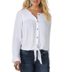 Wrangler Women's Swiss Dot Tie Front Blouse