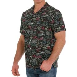 Cinch Men's Short Sleeve Neon Sign Print Button-Down Camp Shirt