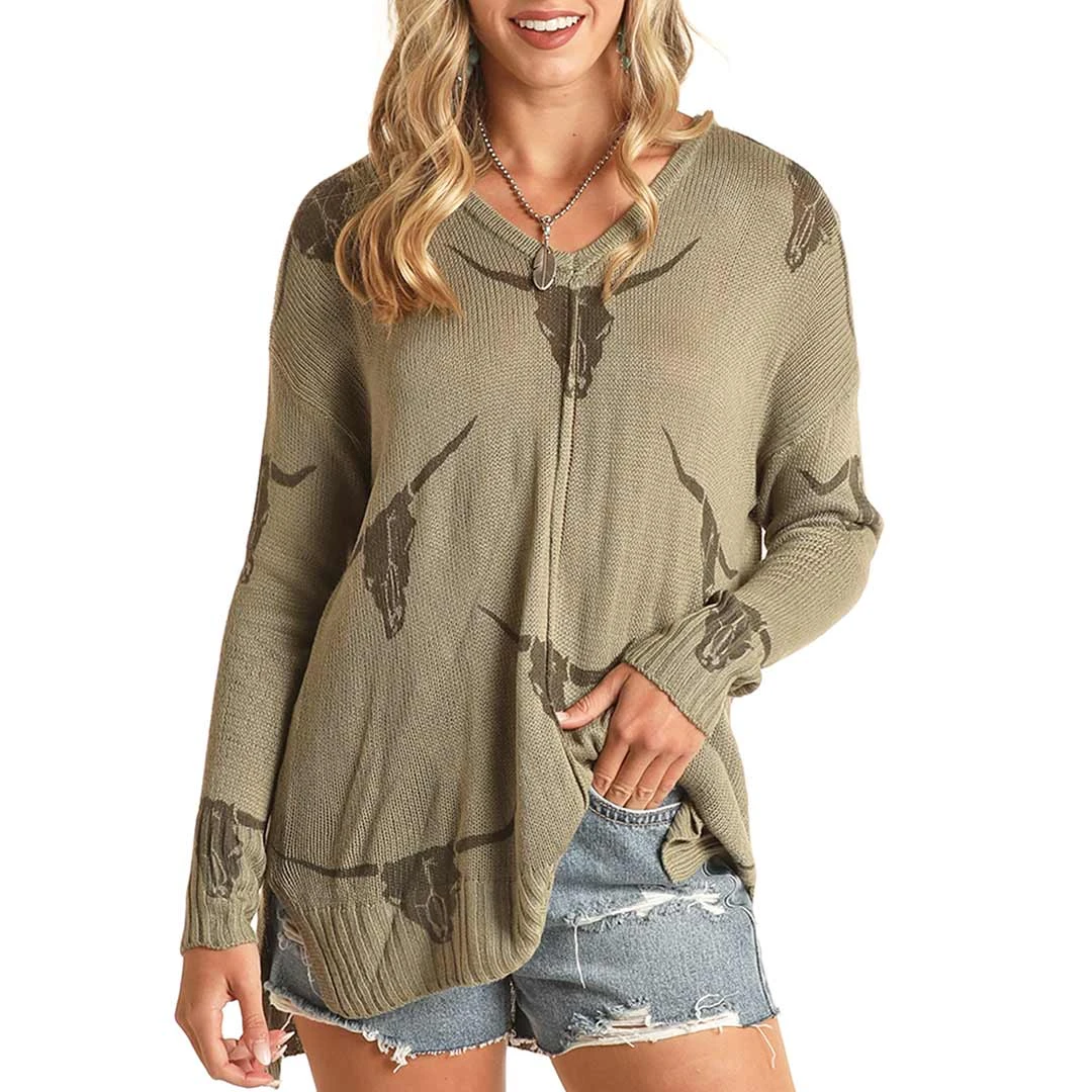 Rock & Roll Cowgirl Women's Steer Head Pullover Sweater