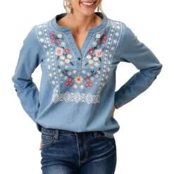 Roper Women's Embroidered Denim Blouse