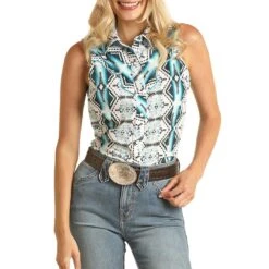 Rock & Roll Cowgirl Women's Aztec Print Sleeveless Snap Shirt
