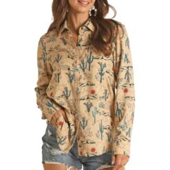 Rock & Roll Cowgirl Women's Desert Cactus Print Snap Shirt