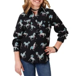 Roper Girls' Pastel Horse Print Snap Shirt