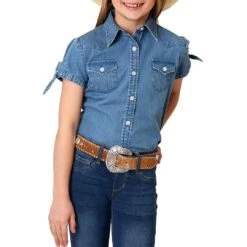 Roper Girls' Short Sleeve Denim Button-Down Shirt