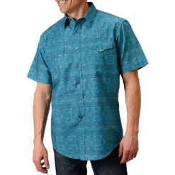 Roper Men's Short Sleeve Aztec Print Snap Shirt