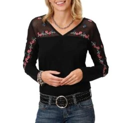 Roper Women's Mesh Embroidered Yoke Blouse