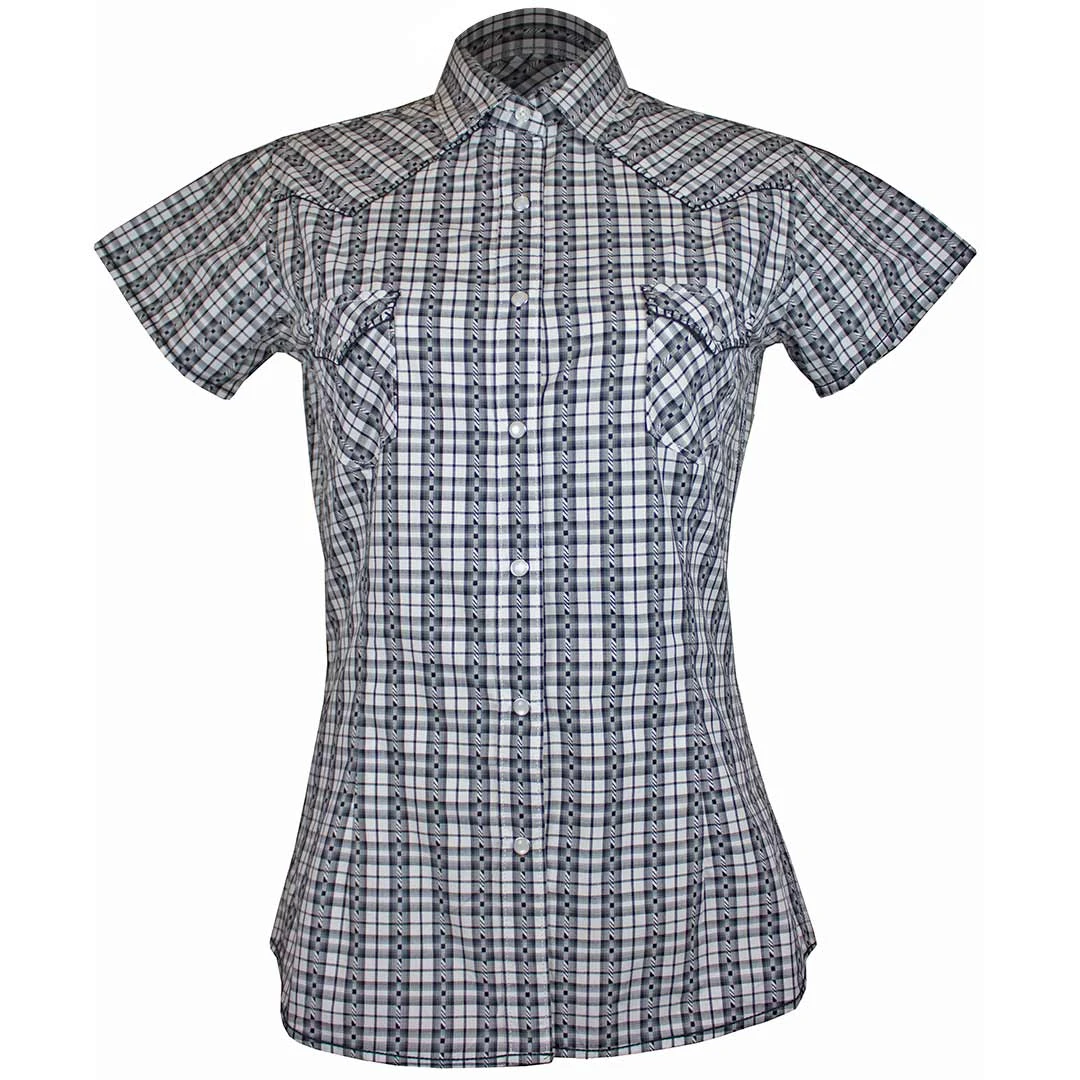 Rough Stock Women's Geometric Plaid Short Sleeve Snap Shirt