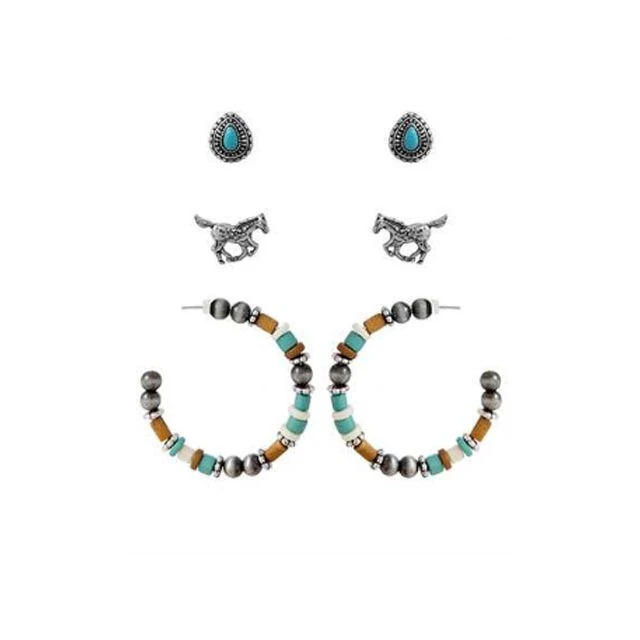 Wyo-Horse Beaded Hoops Horse Teardrop Earrings - Set Of 3